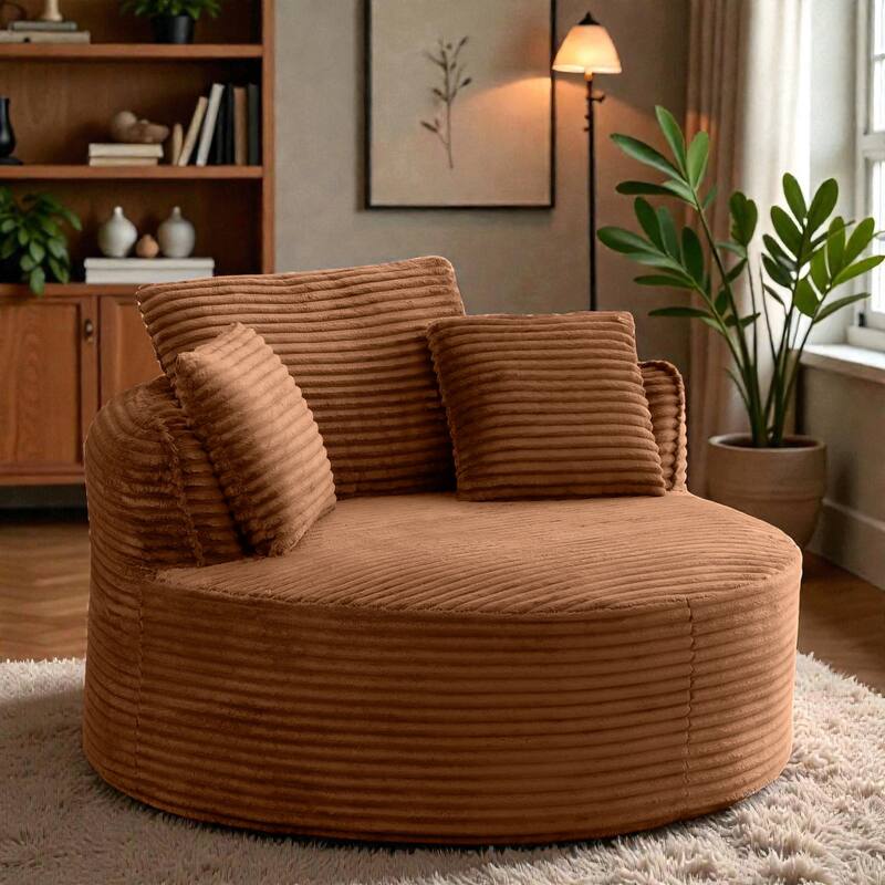 Round Accent Chair, Corduroy Boneless Deep Seat Floor Lounge Chair with 3 Pillows, No Assembly