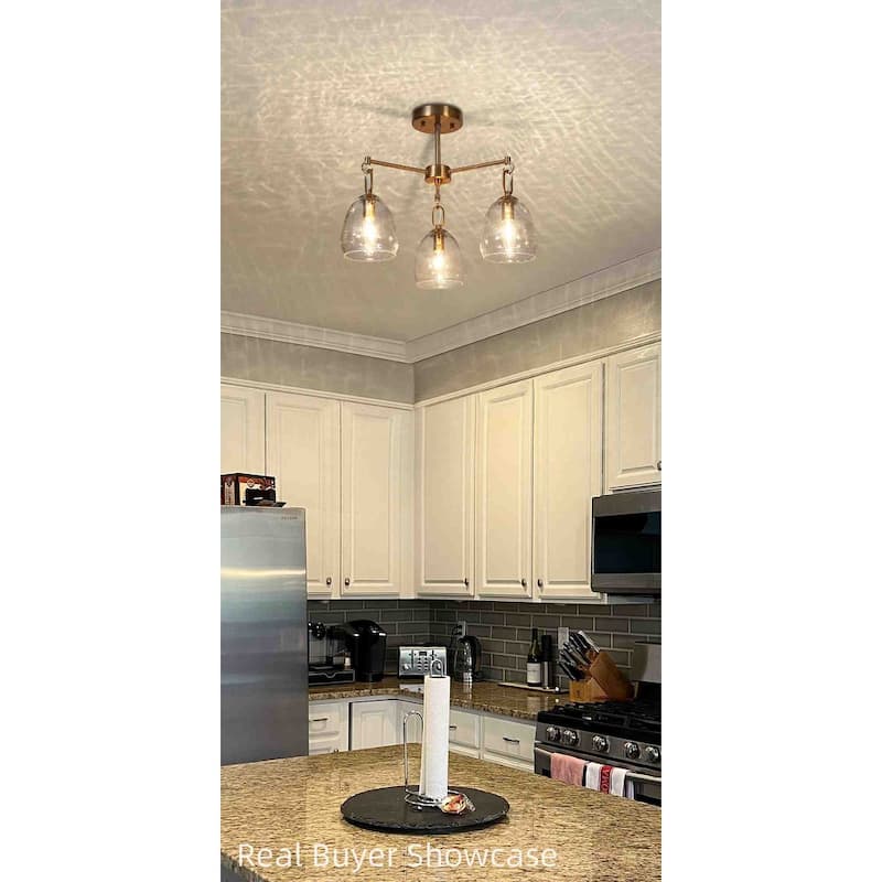 Blobfish Modern Gold 3-Light Chandelier Glass Wheel Semi-Flush Mount Lighting for Dining Room - D19.3"* H14.4"
