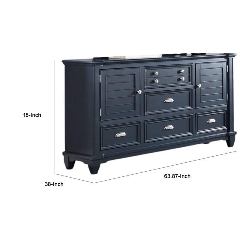 Zeny Wide Dresser, 5 Drawers, 2 Door Cabinets, Slate Blue Solid Wood