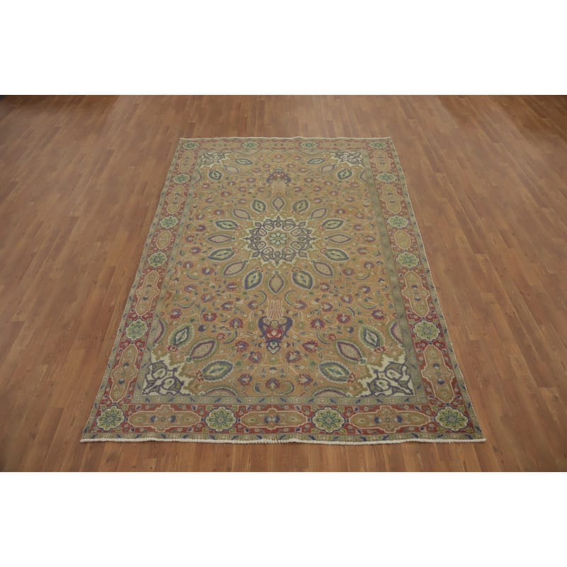 Hand Knotted Oriental 100% Wool Carpet Traditional Floral Brown Tabriz Area Rug - 9' 4'' X 6' 2''