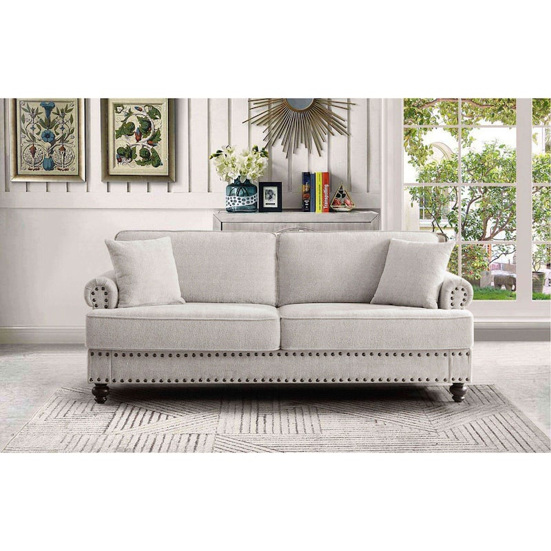Modern Chenille Upholstered 2-Seater Sofa with Nailhead Trim and Armrests, Easy Assembly, Ideal for Living Room, White.