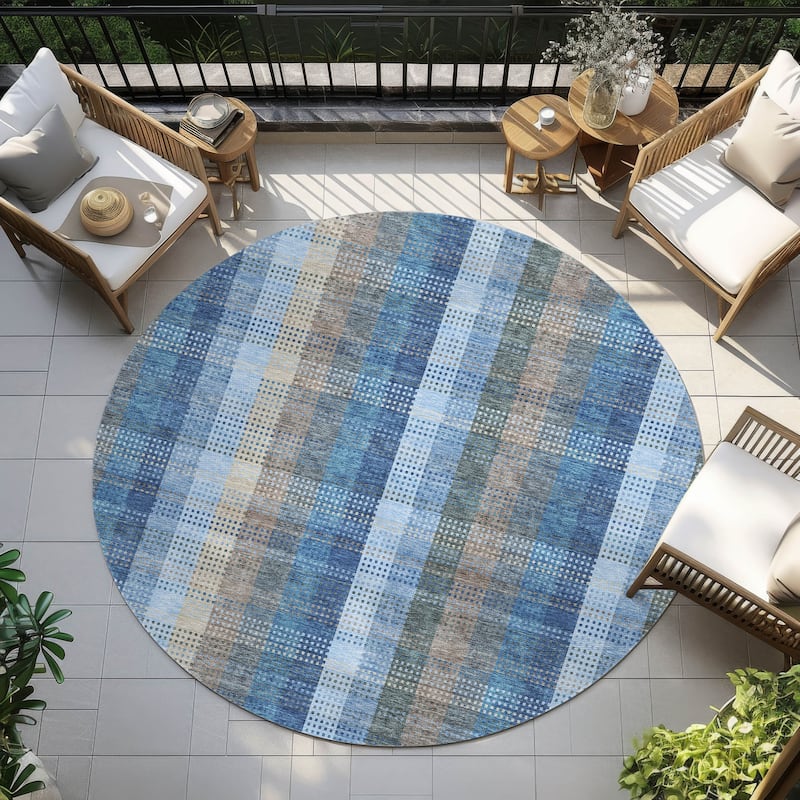 Machine Washable Indoor/ Outdoor Modern Plaid Chantille Rug - Denim - 8' x 8'