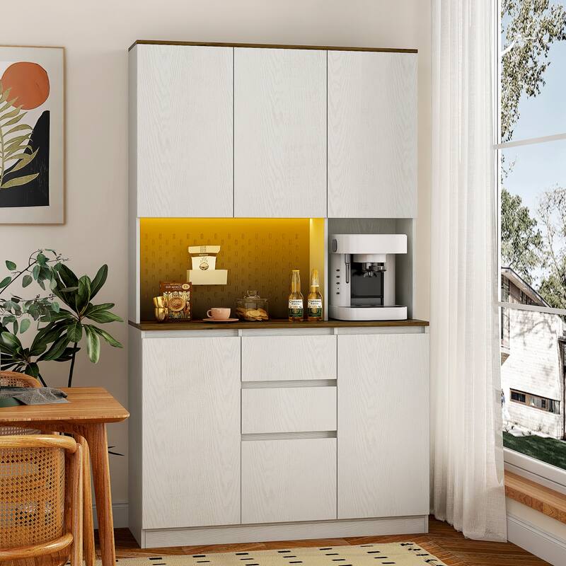 Kitchen Pantry Cabinet with Charging Station, Freestanding Buffet with LED Lights, Storage Cabinet with Charging Station