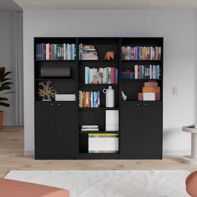 FM FURNITURE Acoma 3 Piece Living Room Set with Sutton 4 Shelves Bookcase + 2 Sutton 2-Door Bookcase, Black