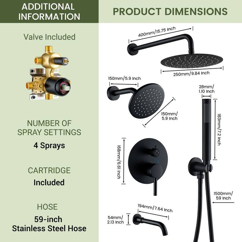 4-Spray Wall Mount 10 and 6 in. Dual Fixed and Handheld Shower Head with Tub Spout (Valve Included) - 10" x 10"