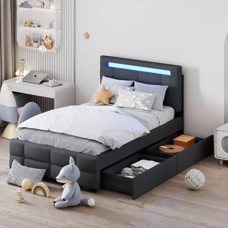 Linen Upholstered Platform Bed Frame with LED Light Headboard & 2 Drawers - Gray - Twin