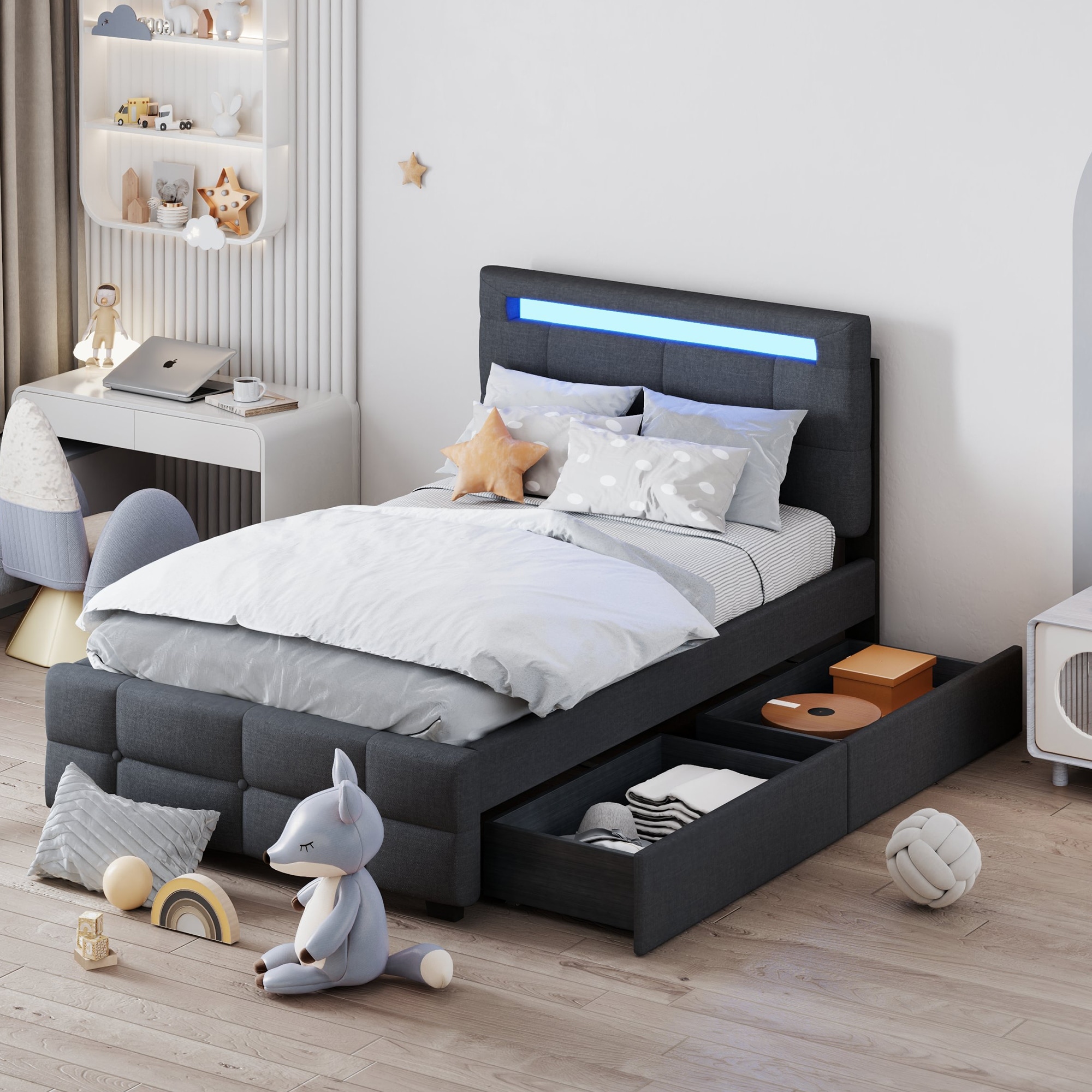 Twin Size Linen Upholstered Platform Bed Frame with LED Light Headboard