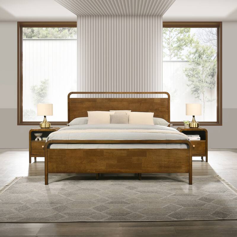 Roundhill Furniture Eldren Wood Bedroom Set, Platform Bed with Two Nightstands in Walnut Finish