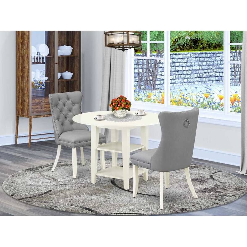 HomeStock 3-Pc Linen White Finish Round Solid Wood Top With Dropleaf Dining Table Set