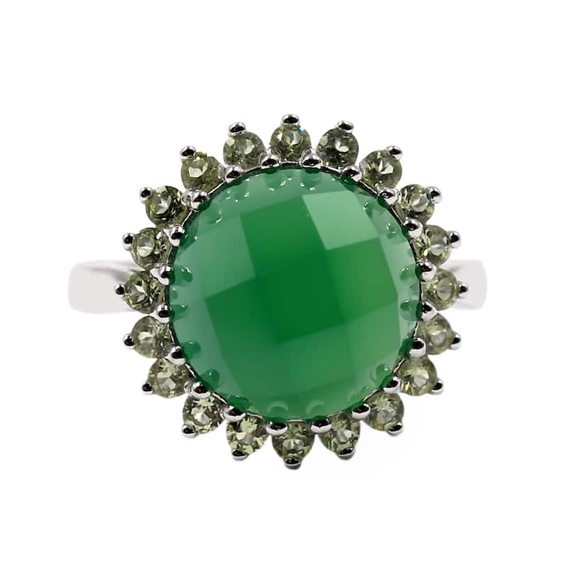 925 Sterling Silver Green Onyx, Peridot Halo Ring