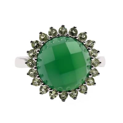 925 Sterling Silver Green Onyx, Peridot Halo Ring