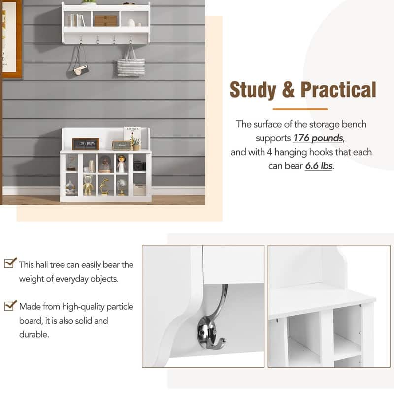 Entryway Wood Storage Bench with Shoe Storage,Wall Mounted Hall Tree with Coat Rack and Shelves