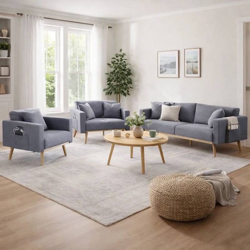 Odin 3 Piece Sofa Set with Loveseat and Chair, Tufted Cushions, Gray Velvet