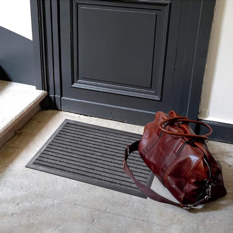 Durable Gray and Black Striped Front Door Mat 24x16 Indoor/Outdoor