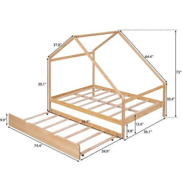 dimension image slide 0 of 2, Full Size Wooden House Bed with Trundle and Roof