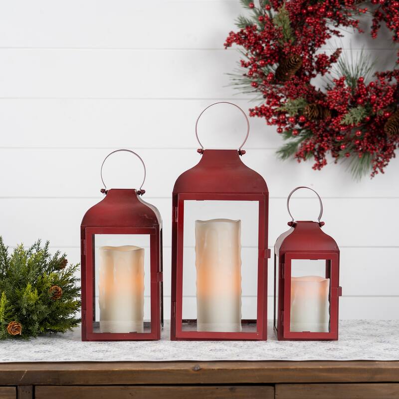 HomeRoots Set Of Two Red Flameless Floor Lantern Candle Holder - 12