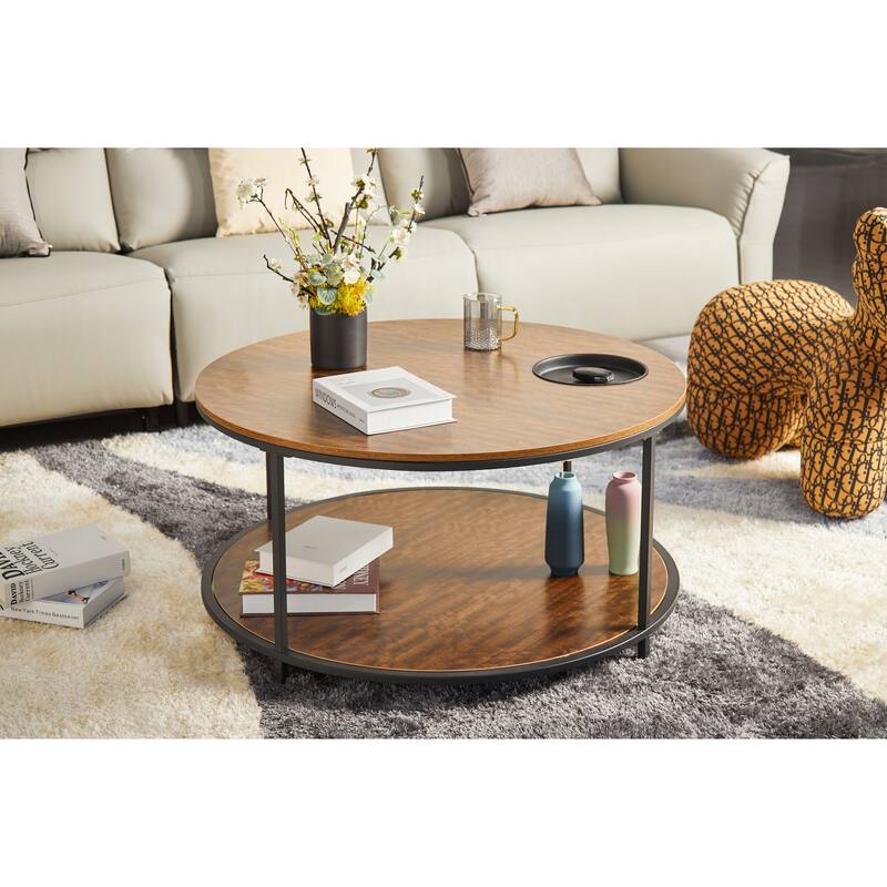 34.64" Antique Wood Round Coffee Table with Two-Layer Storage, Modern Home Furniture
