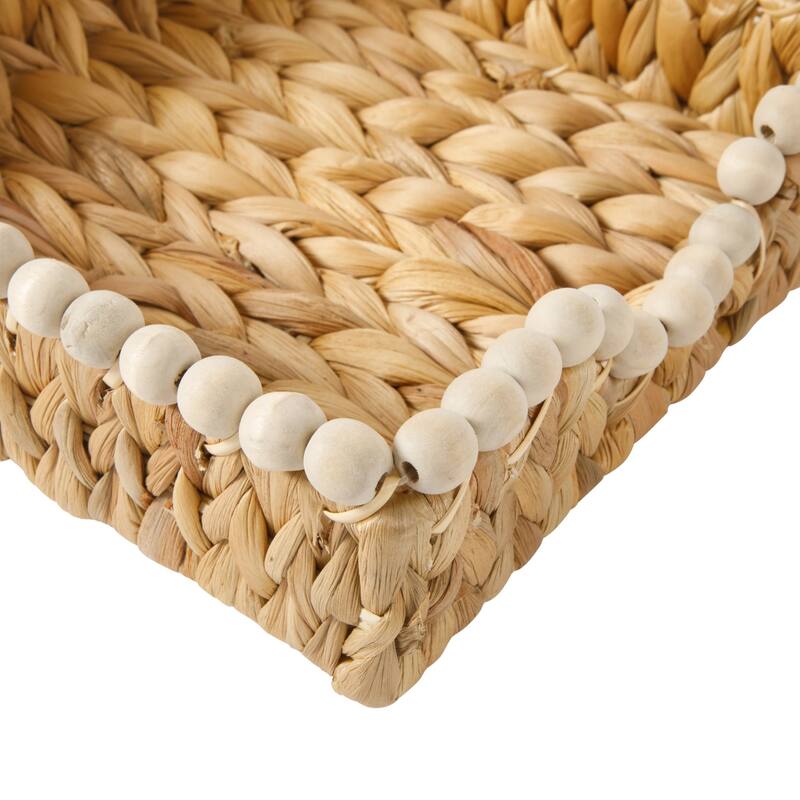 Gibson Home Woven Decorative Napkin Holder Tray - Natural Water Hyacinth Square Basket with Wood-Bead Trim