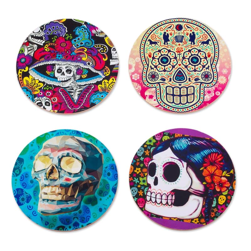 NOVICA Artisan Handblown Decoupage Coasters Multicolor Skull Halloween Wood Mexican Barware 'Festival of the Dead' (Set of 4)