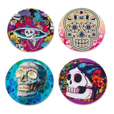 NOVICA Artisan Handblown Decoupage Coasters Multicolor Skull Halloween Wood Mexican Barware 'Festival of the Dead' (Set of 4)