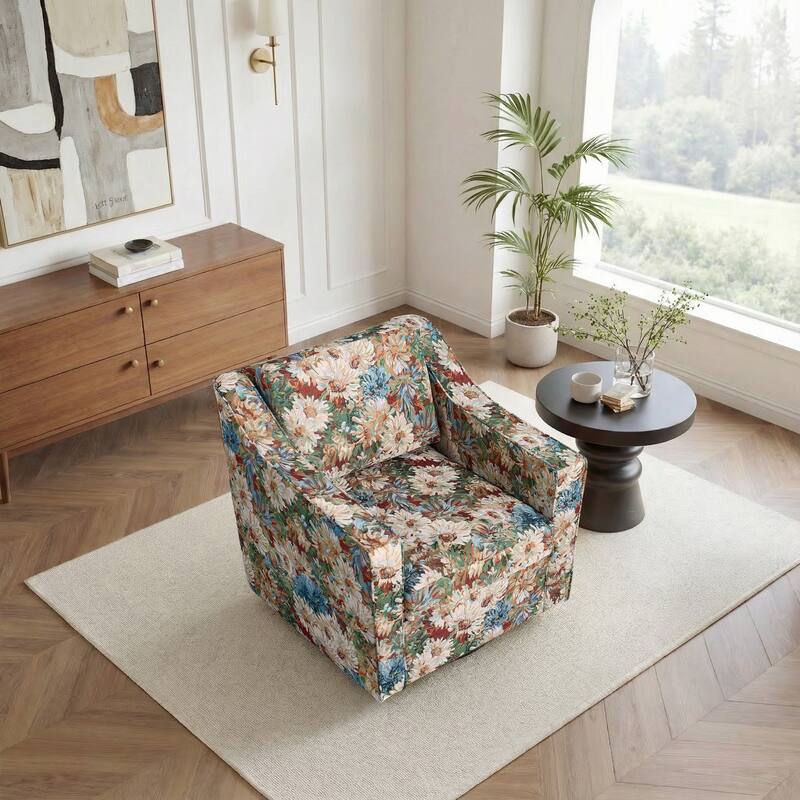 Patterned Linen Swivel Armchair Floral Accent Chair for Living Room