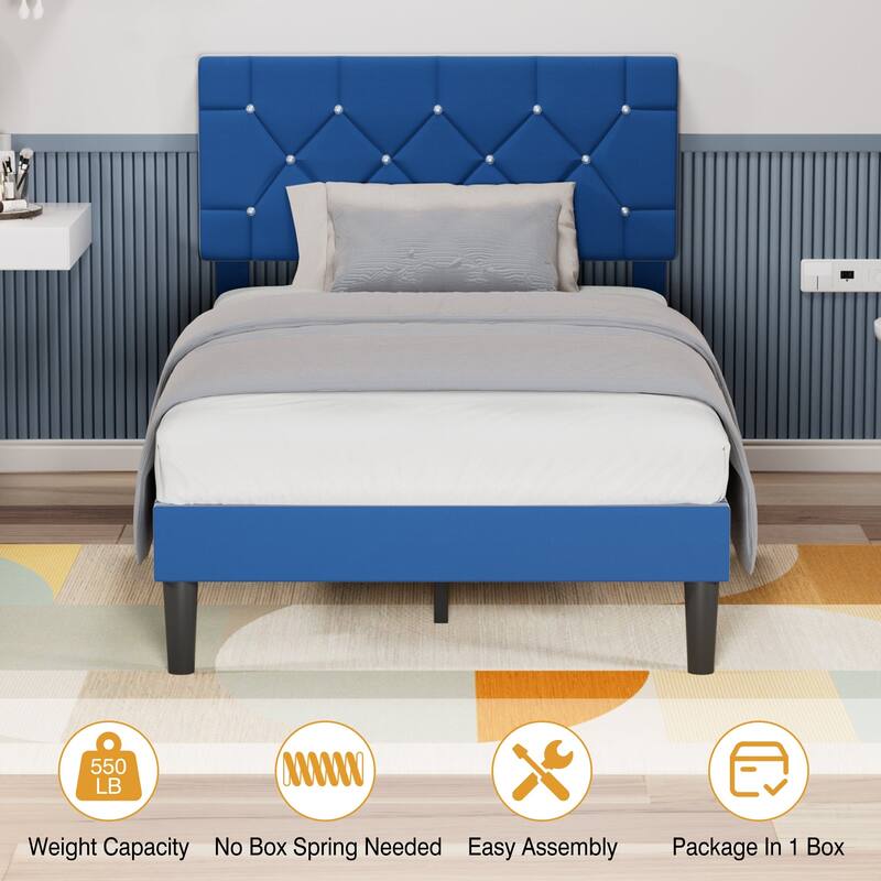 VECELO Upholstered Beds With Diamond Tufted Headboard Platform Bed Frame 7.9'' Under Bed Space
