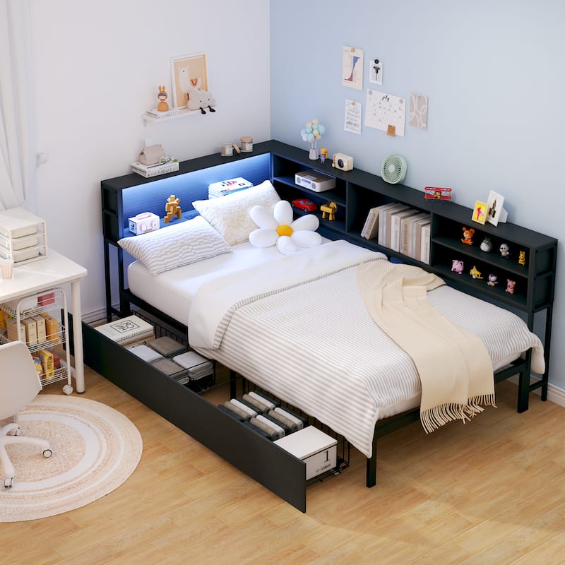 Corner Daybed with Storage Drawers, Bookcase Headboard, LED Lights & Charging Station for Kids - Black