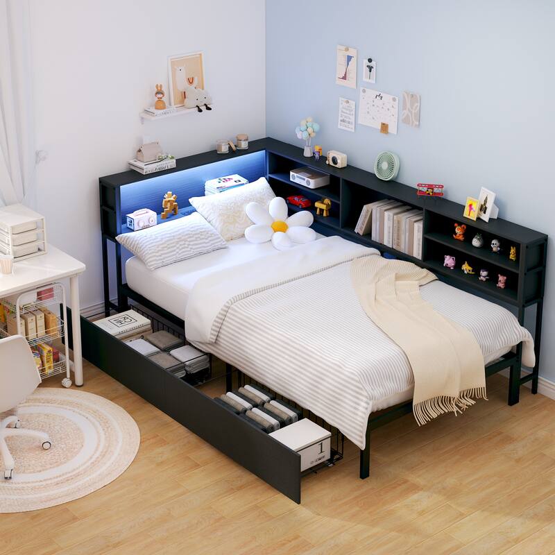 Kids Corner Bed with Storage, Twin/Full Daybed with Drawers, Bookcase Headboard with Charging Station & LED Lights