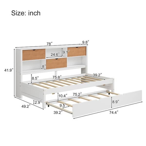 Twin Size Captain Bed Daybed with Trundle and Flip-top Storage Backrest for Small Room, White Wooden Frame Storage Bed