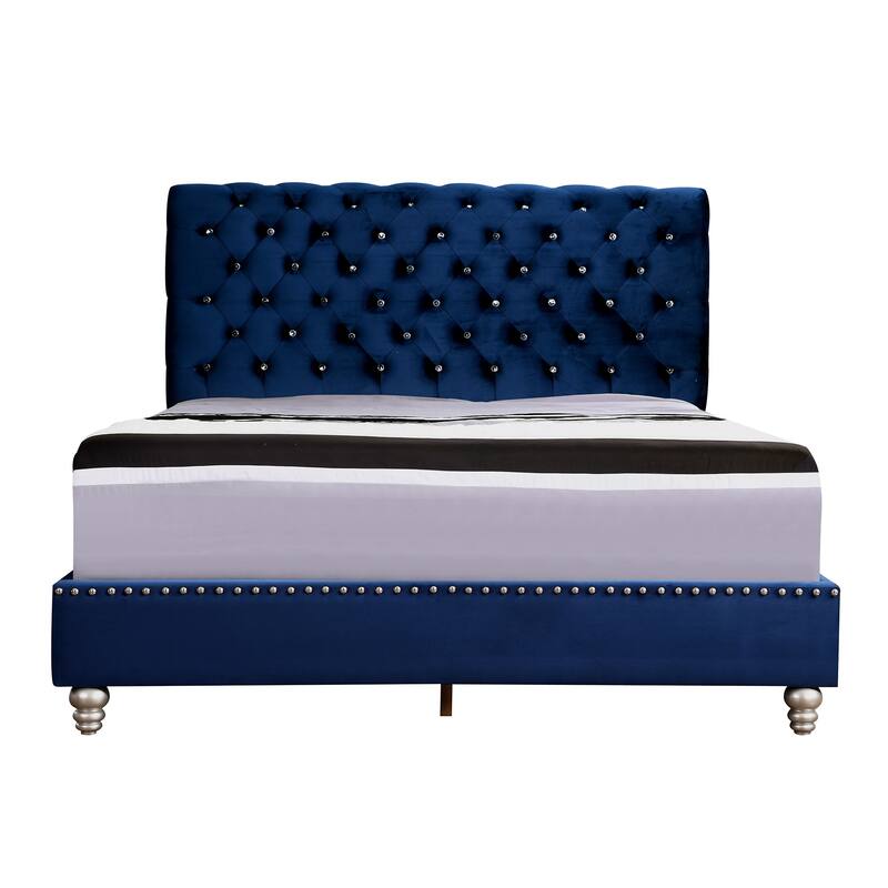 Button Tufted Velvet Upholstered Full Panel Bed - 82" - Blue
