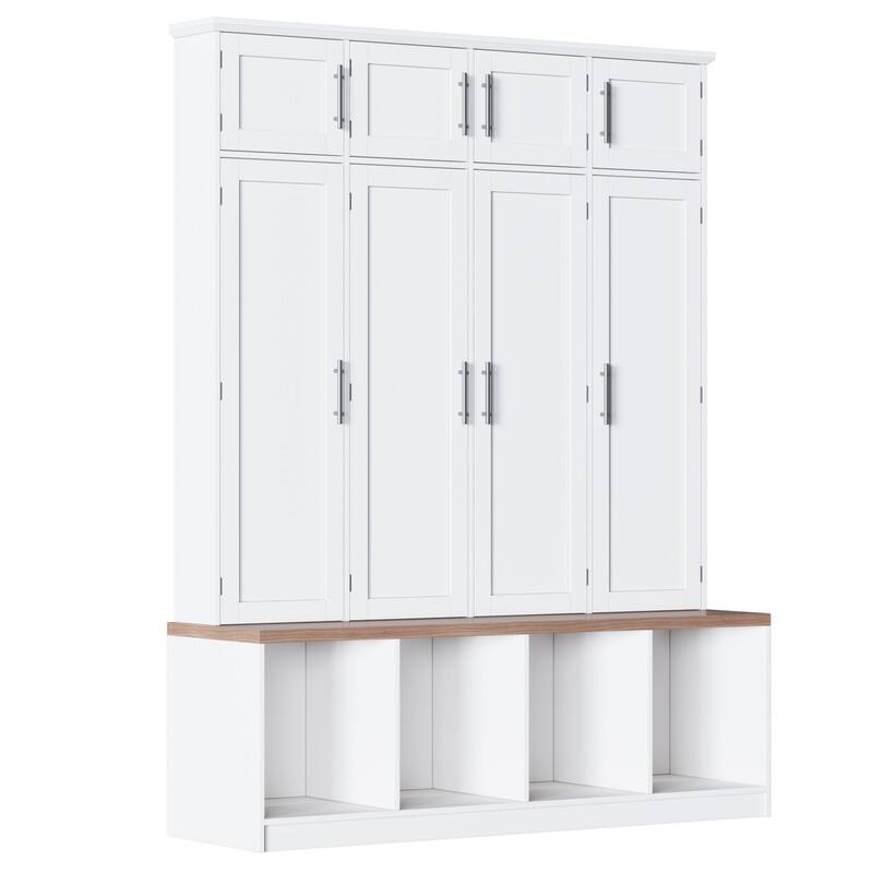 Farmhouse Hall Tree with 4 Hidden Hanging Hooks, Versatile Entryway Bench with 8 Doors, Shoe Cabinet with Open Compartments