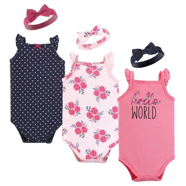 slide 1 of 1, Hudson Baby Infant Girl Sleeveless Bodysuit and Headband Set, Pink Navy Roses 6-9 Months - Pink Navy Roses