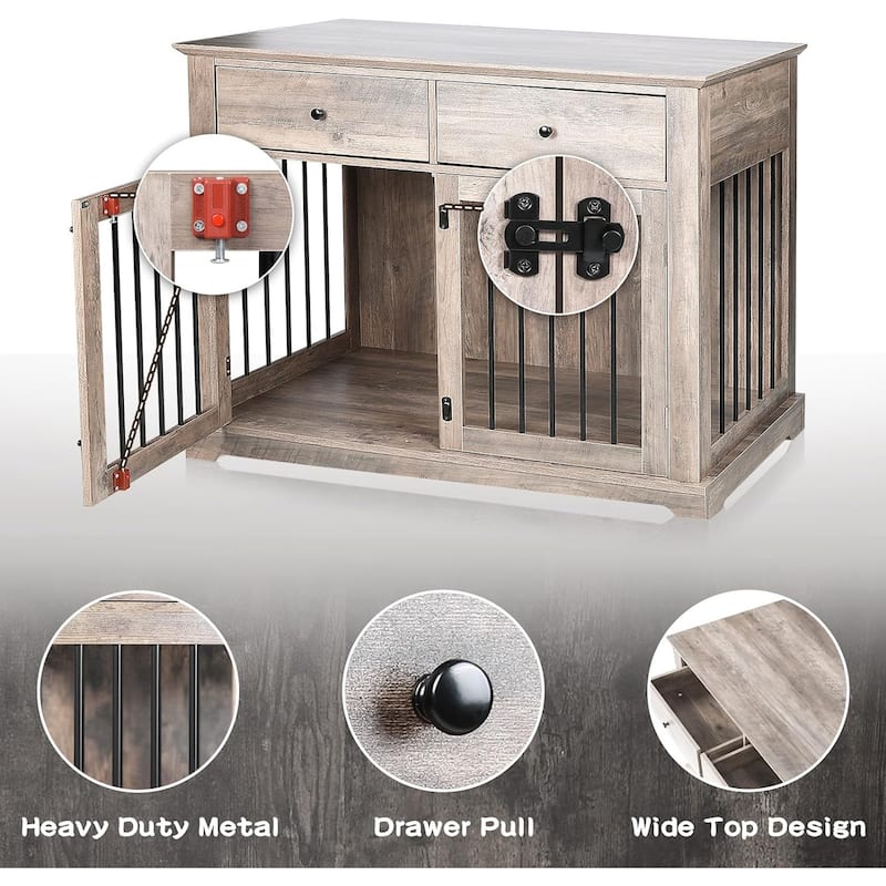 BOSSIN 44 Inch Large Dog Crate Furniture, Wooden Dog Kennel End Table with Storage Drawers, Decorative Pet Crates Dog House