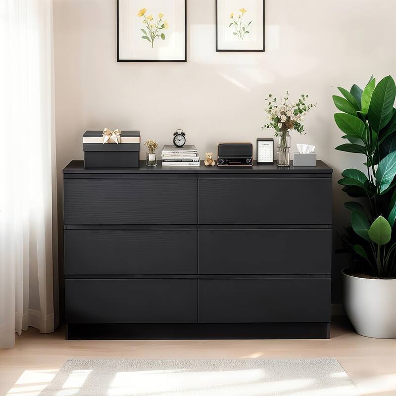 Modern 6-Drawer Dressing Table/Storage Cabinet with Concealed Handles, for Bedrooms, Living Rooms and Entryways - Black