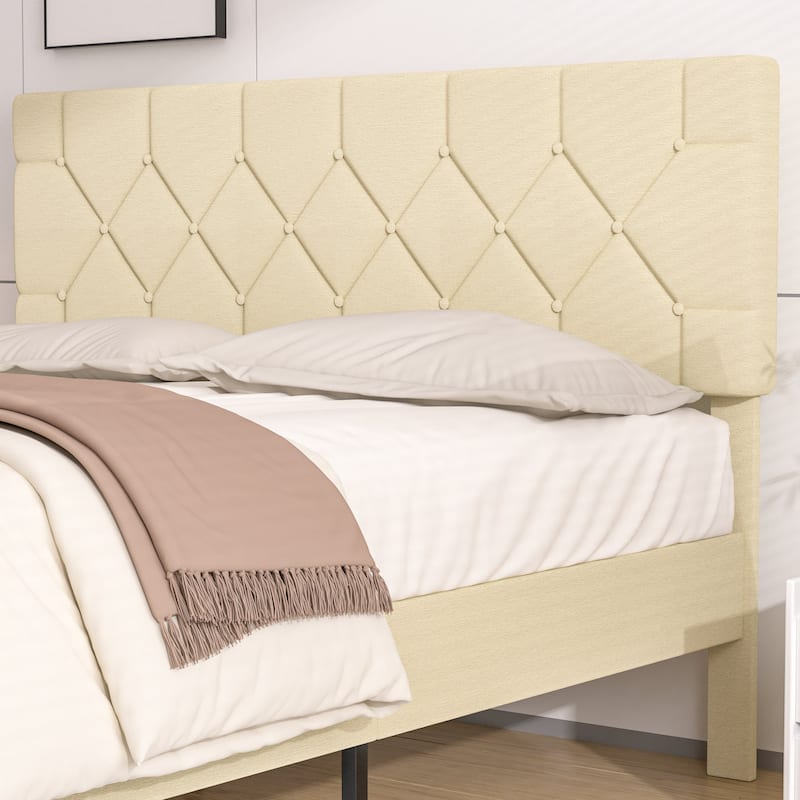 Beige Diamond Button Tufted Upholstered Bed with Linen Headboard No Box Spring Needed 7.87" Underbed Storage Center Support Leg