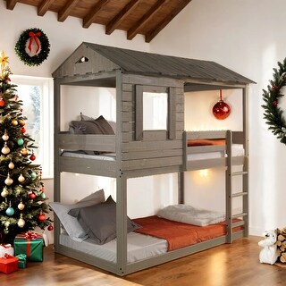 Wooden Twin Over Twin Bunk Bed with Built-in Ladder