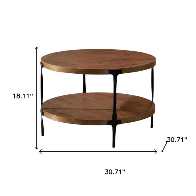 HomeRoots 31" Walnut and Black Wood and Steel Round Coffee Table With Shelf - 30.71 in. x 18.11 in. x 30.71 in.