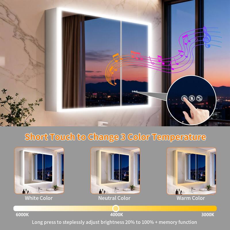 Wall Mounted Medicine Cabinet Bathroom Cabinet Jewelry Organizer with Bluetooth Dual Speakers Adjustable Glass Shelves