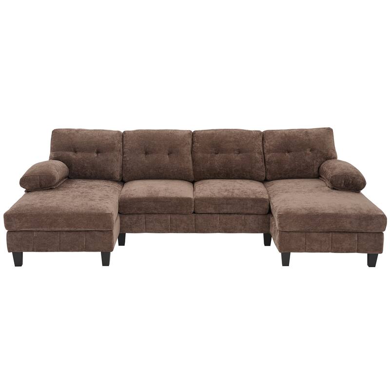 U-Shaped Modular Sectional Sofa with Dual Chaise Lounges, Chenille Fabric Cloud Couch with Storage Pockets & Armrest Pillows