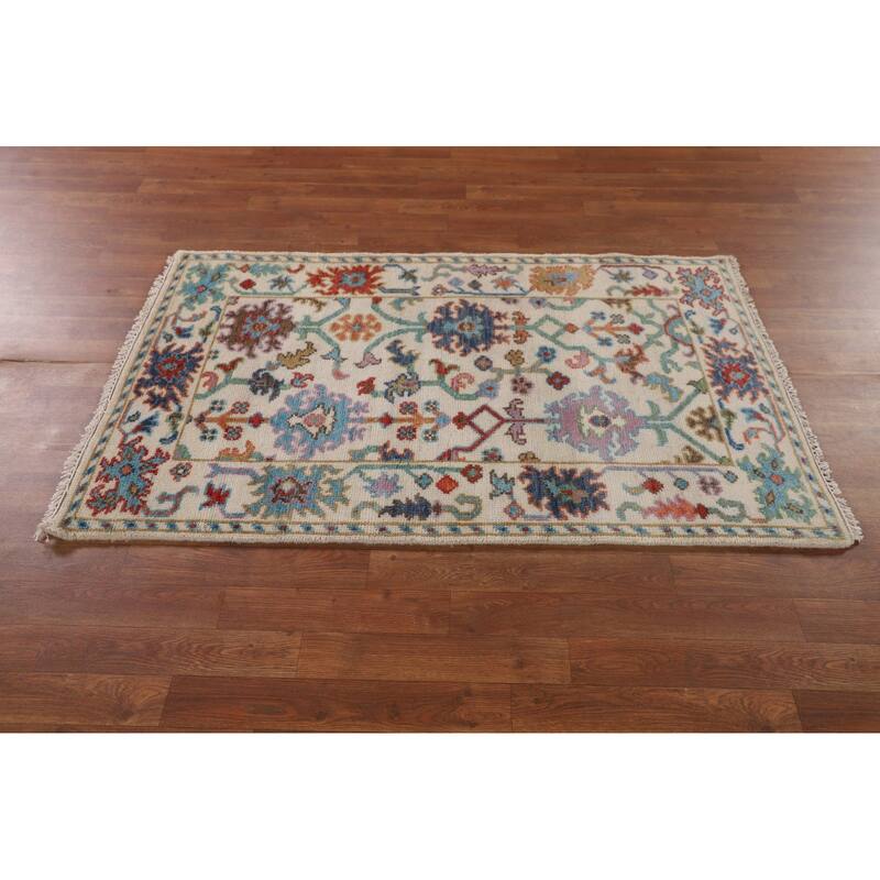 Ivory Floral Oushak Oriental Accent Rug Handmade Wool Carpet - 3'1"x 4'10"