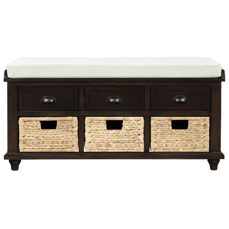 Shoe Bench with 3 Drawers and 3 Rattan Baskets - 42"L x 15.4"W x 18.7"H - Espresso