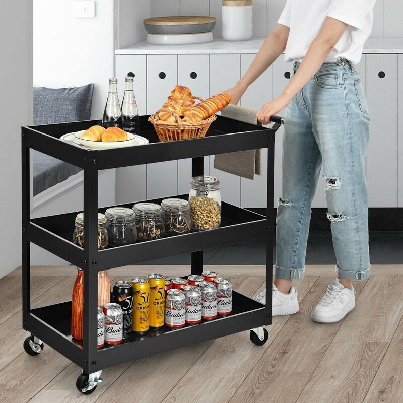 3-Tier Utility Cart Metal Mental Storage Service Trolley - 30'' x 15'' x 31'' (L x W x H)