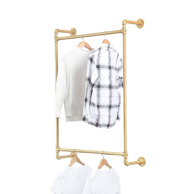 Industrial Pipe Clothing Rack Wall Mounted - 9.84"D x 31.5"W x 47.24"H - Gold-31.5in