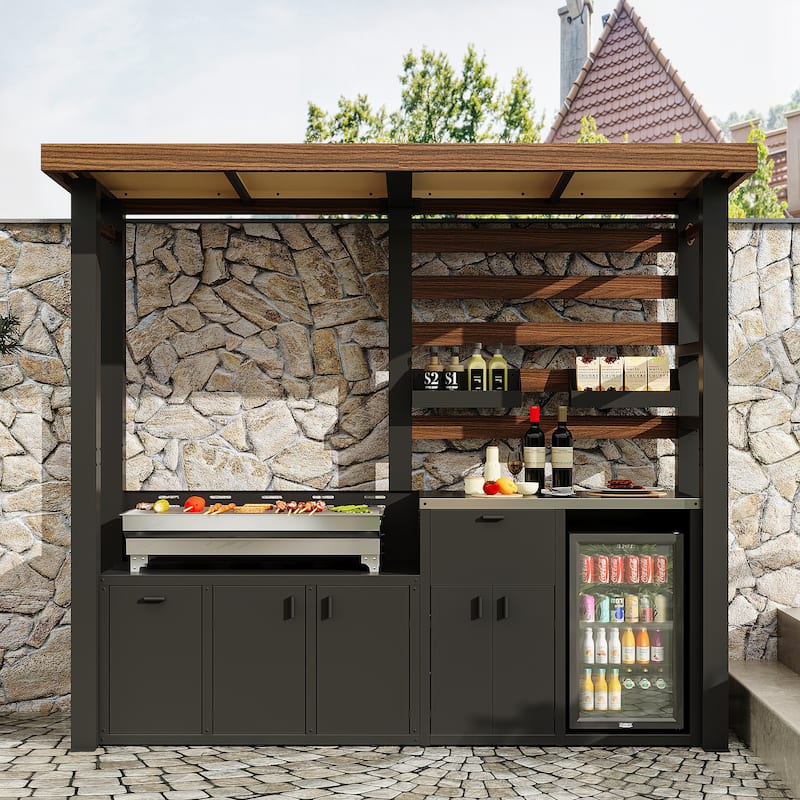 Patio Grill Workstation with Fridge Slot, Hidden Trash Bin & Weather-Resistant Roof Outdoor Kitchen BBQ Grill Station