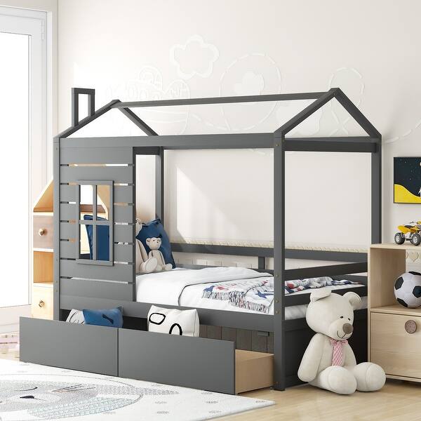 slide 2 of 18, Twin Size Kid-Friendly Design Wooden House Bed with Two Drawers and Guardrail and a Sturdy Pine Frame Grey
