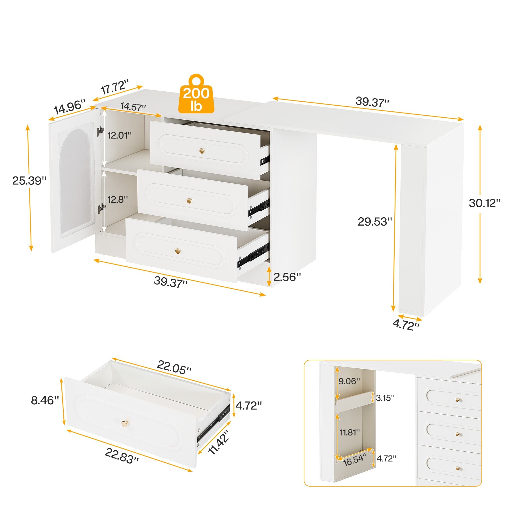 Modern White 360° Rotatable Computer Desk with 3 Drawers
