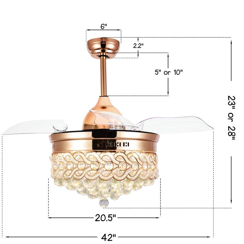 Bella Depot 42" Modern Crystal Retractable Ceiling Fan with LED Light and Remote Control