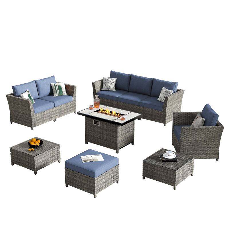 HOOOWOOO 10-piece Wicker Rattan Patio Furniture Sectional Set with Fire Pit