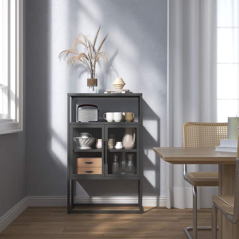 Benvolio 41.34-inch Black Two Door Metal Storage Cabinet with Fluted Clear Doors and Above Cabinet Display - 41.34