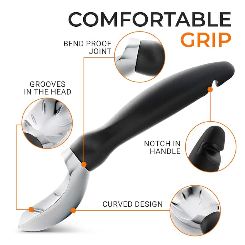 Cheer Collection Heavy Duty Ice Cream Scoop Stainless Steel with Curved Head and Lid Opener Black 7.87 Inch